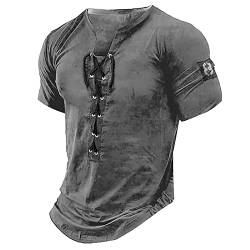 Tshirt Herren Herren V-Ausschnitt Einfarbig Kordelzug Retro Henley Hemd Taillierte Muskelhemden Kurzarm Taktische Hemden Combat Shirt Übergroßes T-Shirt Herren Sommeroberteile M 01-Grau von BORTGYUI