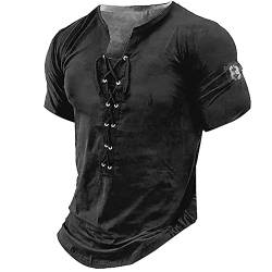 Tshirt Herren Herren V-Ausschnitt Einfarbig Kordelzug Retro Henley Hemd Taillierte Muskelhemden Kurzarm Taktische Hemden Combat Shirt Übergroßes T-Shirt Herren Sommeroberteile XL 01-Schwarz von BORTGYUI