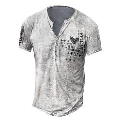 Tshirt Herren V-Ausschnitt Sommer Retro Kreuzdruck Print T-Shirt Vintage Basic T-Shirts Top Regular Fit mit Knöpfen Sporthemd Mittelalter Tunika Tops Hemden Sixpack Shirt L 01-Silber von BORTGYUI