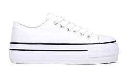 BOSANOVA Sneakers aus weißem Leinenmaterial mit feinen Linien in Kontrastfarbe an der Sohle, Verschluss mit Schnürsenkel, für Damen, weiß, 36 EU von BOSANOVA