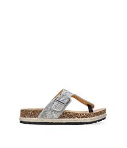 BOSANOVA Zehensandalen mit Strass und Steinen, verstellbare Schnalle und Bio-Sohle aus Kork mit Esparto, ohne Verschluss, Damenschuhe, silber, 40 EU von BOSANOVA