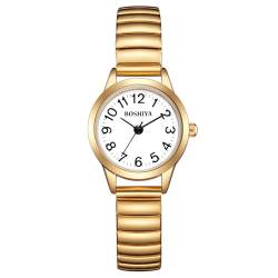 BOSHIYA Damen Armbanduhr Edelstahl Zugband Elegant Analog Quarz Uhr mit Großen Digital Zifferblatt Elastisch Armband Kleine Armbanduhr Damen Gold von BOSHIYA