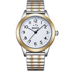 BOSHIYA Damen Uhren Edelstahl Analog Quarz Uhr mit Digital Zifferblatt und Elastisch Armband Wasserdicht Armbanduhr für Damen Gold Silber von BOSHIYA