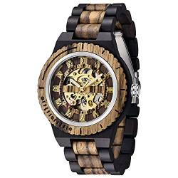 Mechanische Herren-Armbanduhr aus Holz, Skelett, automatisch, selbstaufziehend, leicht, für Herren, Schwarz/Braun, von BOSIN