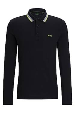 BOSS Herren Plisy Longsleeve-Poloshirt aus Baumwoll-Piqué mit Kontrast-Logo Schwarz S von BOSS