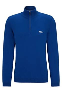 BOSS Herren Zallo Pullover aus Bio-Baumwolle mit Troyerkragen und geschwungenem Logo Blau L von BOSS