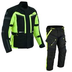 BOSmoto 2-teiler Motorradkombi Cordura Textilien Motorradjacke + Motorradhose Neon (4XL), Schwarz von BOSmoto