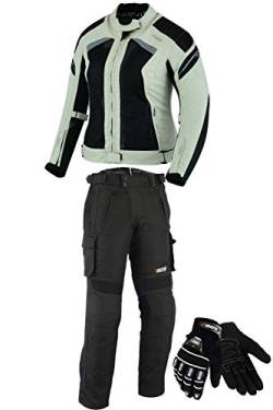 BOSmoto DAMEN MOTORRADKOMBI JACKE + HOSE + HANDSCHUHEN - BIKE MOTORRAD ROCKER TOURING in verschiedenen farben (L, Grau) von BOSmoto