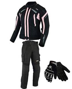 BOSmoto DAMEN MOTORRADKOMBI JACKE + HOSE + HANDSCHUHEN - BIKE MOTORRAD ROCKER TOURING in verschiedenen farben (M, Rose) von BOSmoto