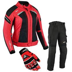 BOSmoto DAMEN MOTORRADKOMBI JACKE + HOSE + HANDSCHUHEN - BIKE MOTORRAD ROCKER TOURING in verschiedenen farben (S, Rot) von BOSmoto