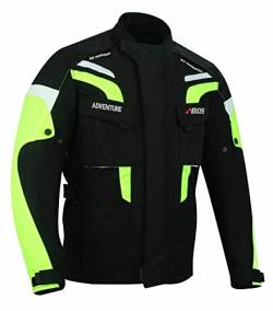 BOSmoto Schwarz-graue Motorradjacke mit neon-gelben Elementen, Protektoren, Belüftungssystem, Klimamembrane und herausnehmbarem Thermofutter (L, Neon-Gelb) von BOSmoto