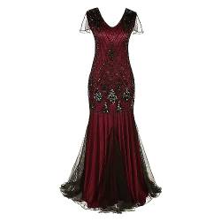 Abendkleid Damen, Lang Abendkleid Damen 1920er Jahre Great Gatsby Kleid Damen Hochzeitskleid mit Pailletten Quaste Partykleid V-Ausschnitt Ärmellos Gatsby Abendkleid Festlich Ballkleid mit Quaste von BOTCAM