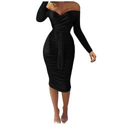 BOTCAM Bandeau Kleider Satinkleider Für Damen Enges Kleid - Glitzer Frauen Elegante Off Shoulder Langarm Bodycon Midikleid Paillettenkleid Mit Gürtel Partykleid Abendkleid Rot Ballkleid Mädchen von BOTCAM