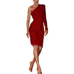 BOTCAM Bandeau Kleider Satinkleider Für Damen Enges Kleid - Glitzer Frauen Elegante Off Shoulder Langarm Bodycon Midikleid Paillettenkleid Mit Gürtel Partykleid Abendkleid Rot Ballkleid Mädchen von BOTCAM