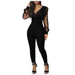 BOTCAM Damen Jumpsuit Elegant V-Ausschnitt Pailletten Mesh Strampler Langarm Tasche Slim Fit Lang Jumpsuit Overall Hosenanzug Playsuit Romper Langarmshirt Figurbetontes Jumpsuit Einfarbig S-XL von BOTCAM