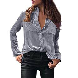 BOTCAM Damen Samt Bluse V-Ausschnitt Hemden Frauen Elegant Einfarbig Langarm Casual Arbeit Oberteile Mit Knöpfen Tops Langarmshirt Bluse Loose Oberteile Tops Shirts Für Frauen Business Hemdbluse von BOTCAM