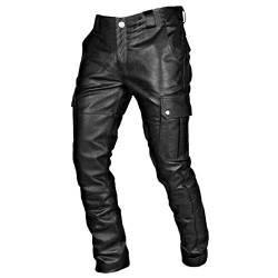 BOTCAM Lederhose Herren Lang Tracht Punk Vintage Gothic Leder-Cargo Hosen Slim Fit Soft Faux Leder Biker Hose Männer PU Motorradhose Mittlere Leibhöhe Kunstlederhose Bikerhose Streetwear von BOTCAM