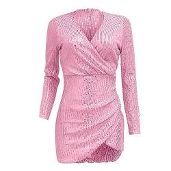 BOTCAM Pailletten Kleider Damen Kurz Glitzerkleid Langarm Sexykleid V-Ausschnitt Glänzende Kleider Sexy Partykleid Bodycon Enges Party Minikleid Wickelkleid Sommer Festkleid Rockabilly Kleider von BOTCAM