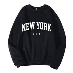 BOTCAM Pulli Schwarz New York Herren Damen Letter Graphic Print Langarm Rundhals Tops Sweatshirt Sweatshirt Herren Fell von BOTCAM