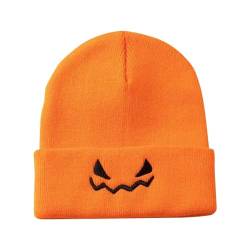 BOTCAM Unisex-Strickmütze, Halloween-Kürbis-Stickerei, lustige Wollpullover-Mütze Wintermütze Fell (Orange, One Size) von BOTCAM