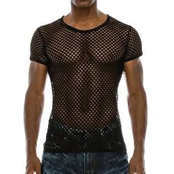 BOTCAM Unterhemd Herren Transparent T-Shirt aus Schwarz/Weiß Netz Sexy Unterwäsche Kurzarm Netzhemd Fischernetzshirt Slim Muscle Shirt Perspektivische Erotik Top Clubwear von BOTCAM