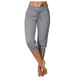 Caprihose Damen Sommer Stretch - Sporthose 3/4 Mit Taschen Baumwolle Radlerhose Blickdicht Laufhose Damen Capri Sommerhose Elastischer Bund Trainingshose Loose Fit 7/8 Hosen Mädchen von BOTCAM