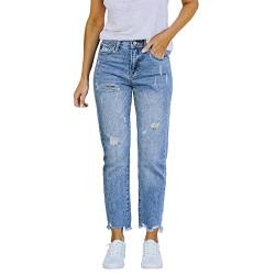 Damen Dehnbare hoch taillierte Boyfriend-Jeans mit geradem Bein und ausgefransten -Denim-Hosen Hose Teenager (Sky Blue, M) von BOTCAM