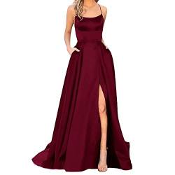 Damen Elegant Lange Ballkleider mit Taschen Satin A-Linie Backless Hochzeitskleid Abendkleider Sexy Neckholder Spaghetti Brautkleid Kleider Lang Prinzessin Brautjungfer Kleid High Split Abendkleider von BOTCAM