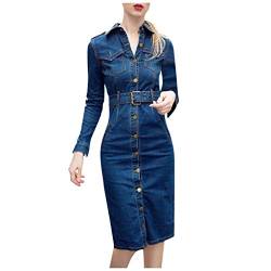 Damen Frühling Sommer Elegant Bodycon Jeanskleid Langarm Rundhals Knopf Knielang Epaulet Denim Blusekleid Partykleid Cocktail Kleid Mit Gürtel Denim Kleider Slim Fit Wickelkleid Knielang Midi Kleid von BOTCAM