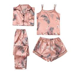 Damen Home Suit Flamingo Print Fashion Slim Pyjama Vierteiliges Set für alle Jahreszeiten Pyjama Spitze Damen (Rose Gold, L) von BOTCAM