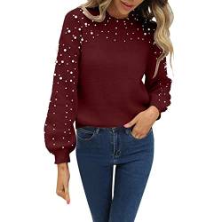 Damen Pullover Mit Perlen Ärmel Breit Einfarbig Elegant Pulli Frauen Strick Stehkragen Locker Winterpullover Elegant Strickpullover Loose Lässig Strickwaren Tops Fashion Solide Sweater Herbst Winter von BOTCAM