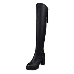 Damen Stiefel einfarbig Reißverschluss hinten klobige High Heel Stretch Overknee-Stiefel D. Schuhe Damen (Black 40) von BOTCAM