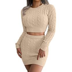 Damen Strickkleid Zweiteiliger Anzug Rundhals Oberteil Und Mini Strickrock Bleistiftrock Elastische Bodycon 2 Stück Set Pulloverkleid Einfarbig Langarm Kurze Pullover Strick Kleid Slim Fit Rock von BOTCAM