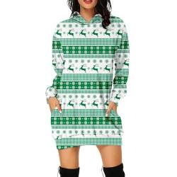 Frauen Hoodies Kleid Weihnachten Schnee Muster Gedruckt Langarm Kapuze Tunika Sweatshirt Taschen Pullover Pullover Klein Kleid Damen Winter (Green, S) von BOTCAM