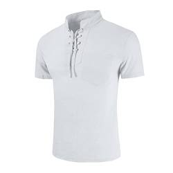 Herren Leinenhemd Kurzarm Freizeithemd Mittelalter Henley Shirt Mit Schnürung, Regular Fit Baumwolle Sommer Leichte Atmungsaktives Arbeitshemd Bügelfrei Leinenoptik Sommerhemd von BOTCAM