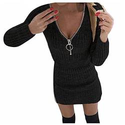 Pulloverkleid Damen V Ausschnitt Strickkleider - Longpullover Mit ReißVerschluss Winterkleid Damen Langarm Stretch Minikleid Sexy Eng Kurz Figurbetontes Kleid Wickelpullover Pulli Strickpullover von BOTCAM