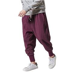 Sommerhose Herren Baggy Haremshose Japanisch Einfarbige Freizeithose aus Baumwolle und Leinen Loose Casual Heimhose Lang Leichte Atmungsaktiv Pluderhose Übergroße, M-3XL von BOTCAM