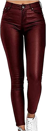 BOTIZR Damen Lederimitat Kunstleder-Hose Glanz High-Waist Hoher Bund Leggings Stretch Coated Lederhose Damen Sporthosen (Color : Red Wine, Size : XL) von BOTIZR