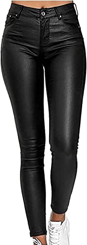 Damen Lederimitat Kunstleder-Hose Glanz High-Waist Hoher Bund Leggings Stretch Coated Lederhose Damen Sporthosen (Color : Black, Size : XL) von BOTIZR