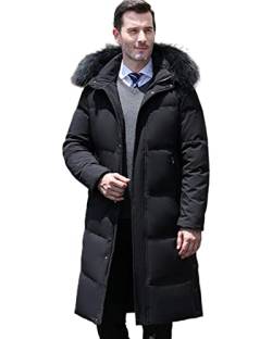 BOTOWI Herren Lange Puffer Jacke mit Abnehmbarer Kapuze und Pelzkragen, Winter Parka gepolsterter Steppmantel, 90% weiße Entendaunen Füllung, Über-Knie Länge,Schwarz,M von BOTOWI