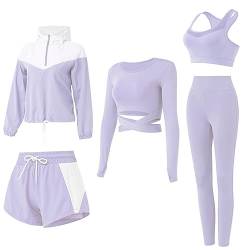 BOTRE Damen Traingsanzug Yoga Kleidung Anzug 5er-Set Sportanzüge Jogginganzug Gym Fitness Kleidung Laufbekleidung Sport Yoga Outfit Damen BH Leggings Set (Hellviolett 03, M) von BOTRE