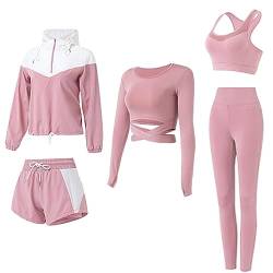 BOTRE Damen Traingsanzug Yoga Kleidung Anzug 5er-Set Sportanzüge Jogginganzug Gym Fitness Kleidung Laufbekleidung Sport Yoga Outfit Damen BH Leggings Set (Rosa 03, L) von BOTRE