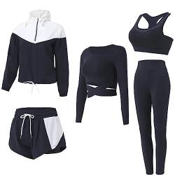 BOTRE Damen Traingsanzug Yoga Kleidung Anzug 5er-Set Sportanzüge Jogginganzug Gym Fitness Kleidung Laufbekleidung Sport Yoga Outfit Damen BH Leggings Set (Schwarz 03, L) von BOTRE