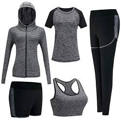 BOTRE Damen Traingsanzug Yoga Kleidung Anzug 5er-Set Sportanzüge Jogginganzug Gym Fitness Kleidung Laufbekleidung Sportswear Sport Yoga Outfit Damen BH Leggings Set (#Grau-schwarz, Large) von BOTRE