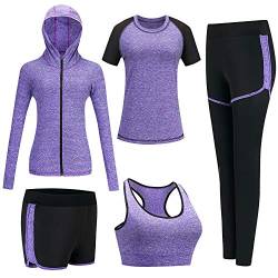 BOTRE Damen Traingsanzug Yoga Kleidung Anzug 5er-Set Sportanzüge Jogginganzug Gym Fitness Kleidung Laufbekleidung Sportswear Sport Yoga Outfit Damen BH Leggings Set (#Lila, Medium) von BOTRE