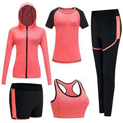 BOTRE Damen Traingsanzug Yoga Kleidung Anzug 5er-Set Sportanzüge Jogginganzug Gym Fitness Kleidung Laufbekleidung Sportswear Sport Yoga Outfit Damen BH Leggings Set (#Orange, Medium) von BOTRE