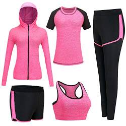 BOTRE Damen Traingsanzug Yoga Kleidung Anzug 5er-Set Sportanzüge Jogginganzug Gym Fitness Kleidung Laufbekleidung Sportswear Sport Yoga Outfit Damen BH Leggings Set (#Rose, Large) von BOTRE