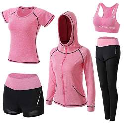 BOTRE Damen Traingsanzug Yoga Kleidung Anzug 5er-Set Sportanzüge Jogginganzug Gym Fitness Kleidung Laufbekleidung Sportswear Sport Yoga Outfit Damen BH Leggings Set (Rosa, Large) von BOTRE