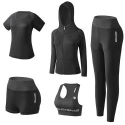 BOTRE Damen Traingsanzug Yoga Kleidung Anzug 5er-Set Sportanzüge Jogginganzug Gym Fitness Kleidung Laufbekleidung Sportswear Sport Yoga Outfit Damen BH Leggings Set (Schwarz, Large) von BOTRE