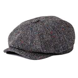 BOTVELA Herren 8 Paneele Wollmischung Newsboy Flat Cap Fischgrätenmuster Tweed Hat, Grau meliert, 59 EU von BOTVELA